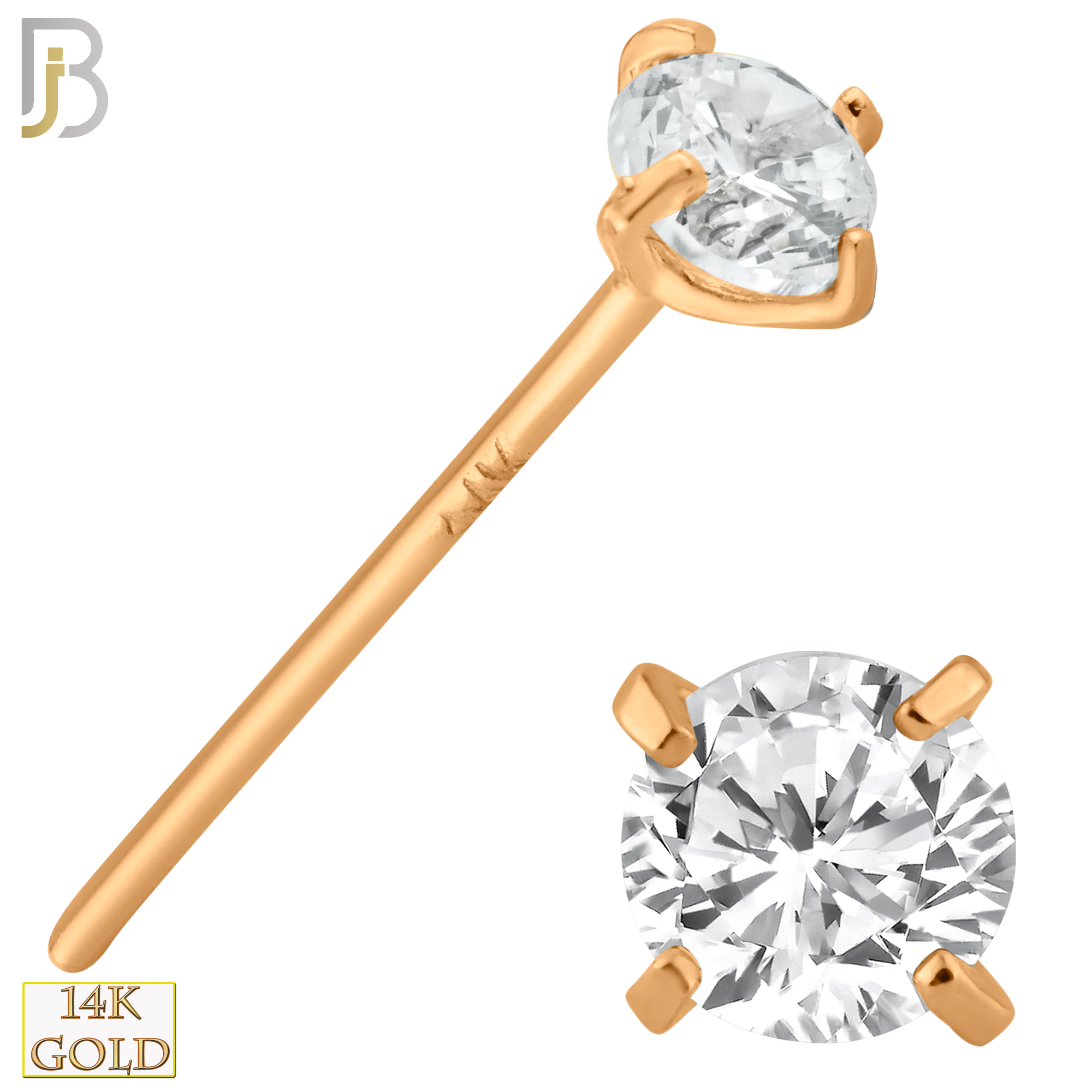 14-NR02CR-22 - 14k Solid Rose Gold 22g Prong Setting  Round Cubic Zircona Nose Stud Bend-it Yourself, Nose Straight  image 5