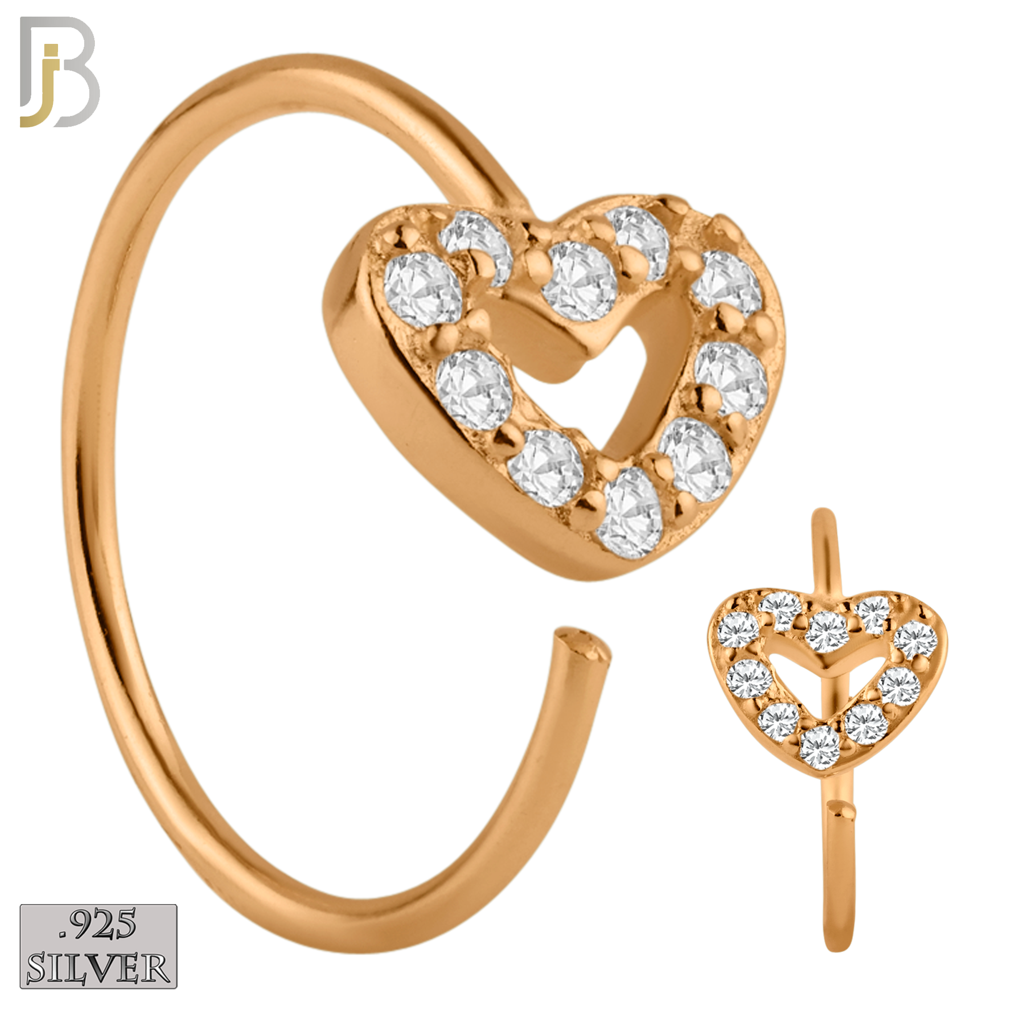 925-CT28 - 925 Sterling Silver Hollow Heart  with CZ Design Nose Hoops 22g Thick 8mm wide (PACK OF 6) image 2