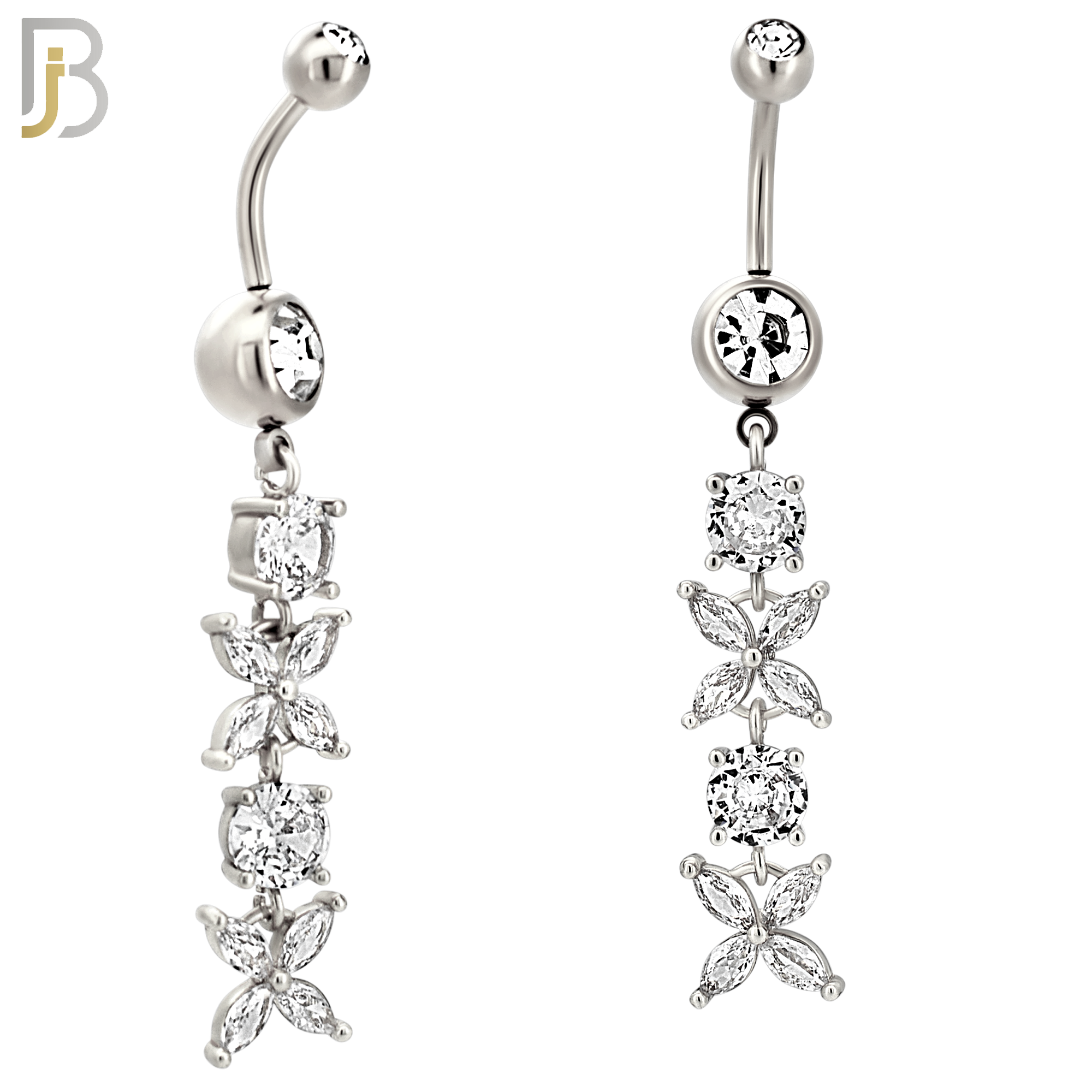 N0144 - Steel - 316L Surgical Steel Dangling Flower with Multi CZ Belly Ring image 1