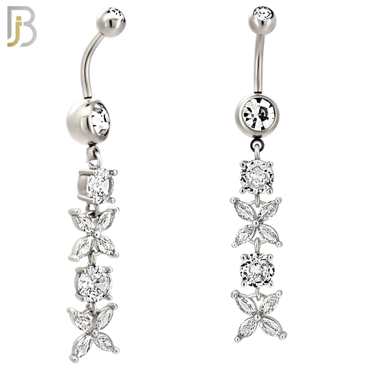 N0144 - Steel - 316L Surgical Steel Dangling Flower with Multi CZ Belly Ring image 1