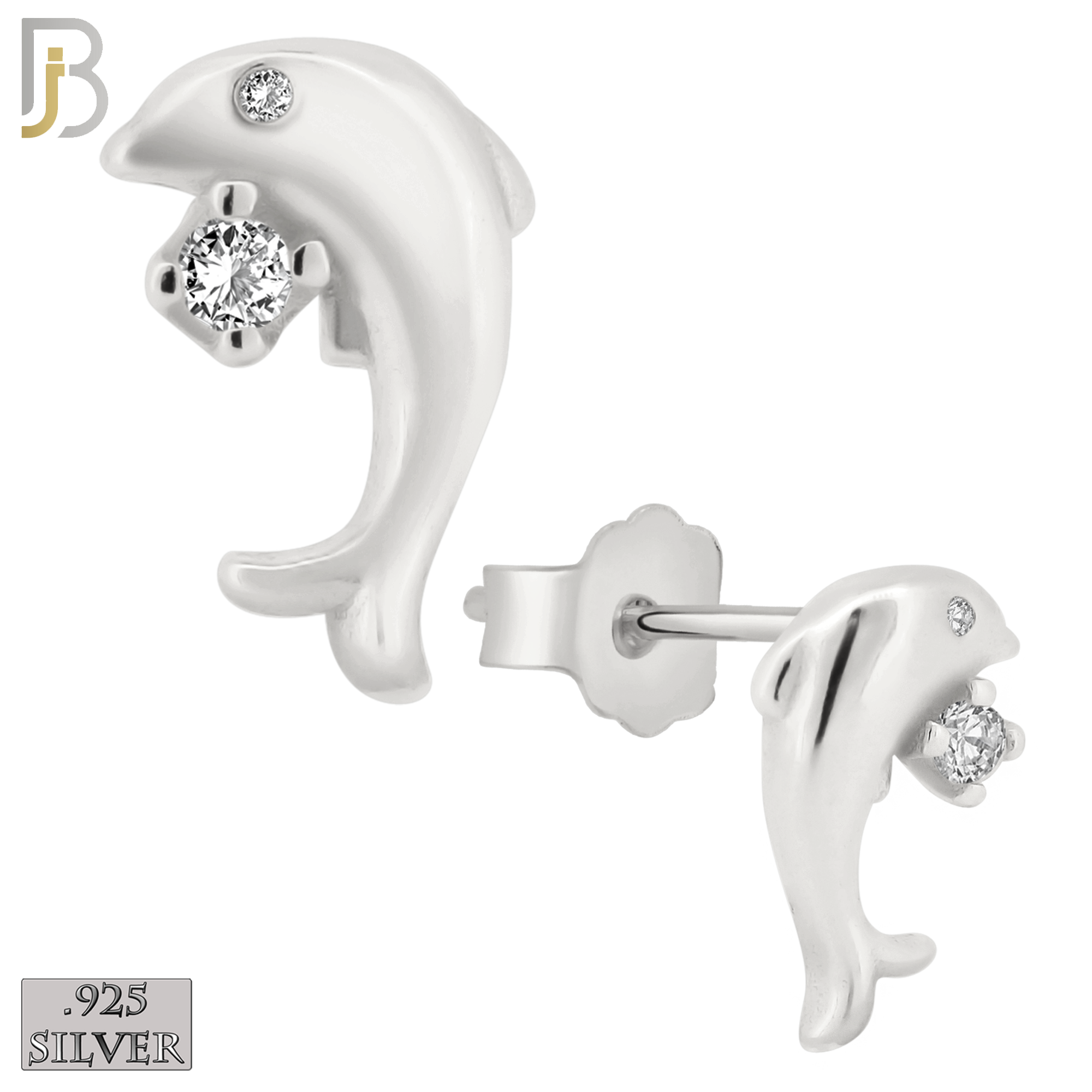925-ES199 - .925 Sterling Silver Dolphin Design Earring Stud with Clear Zircon image 1