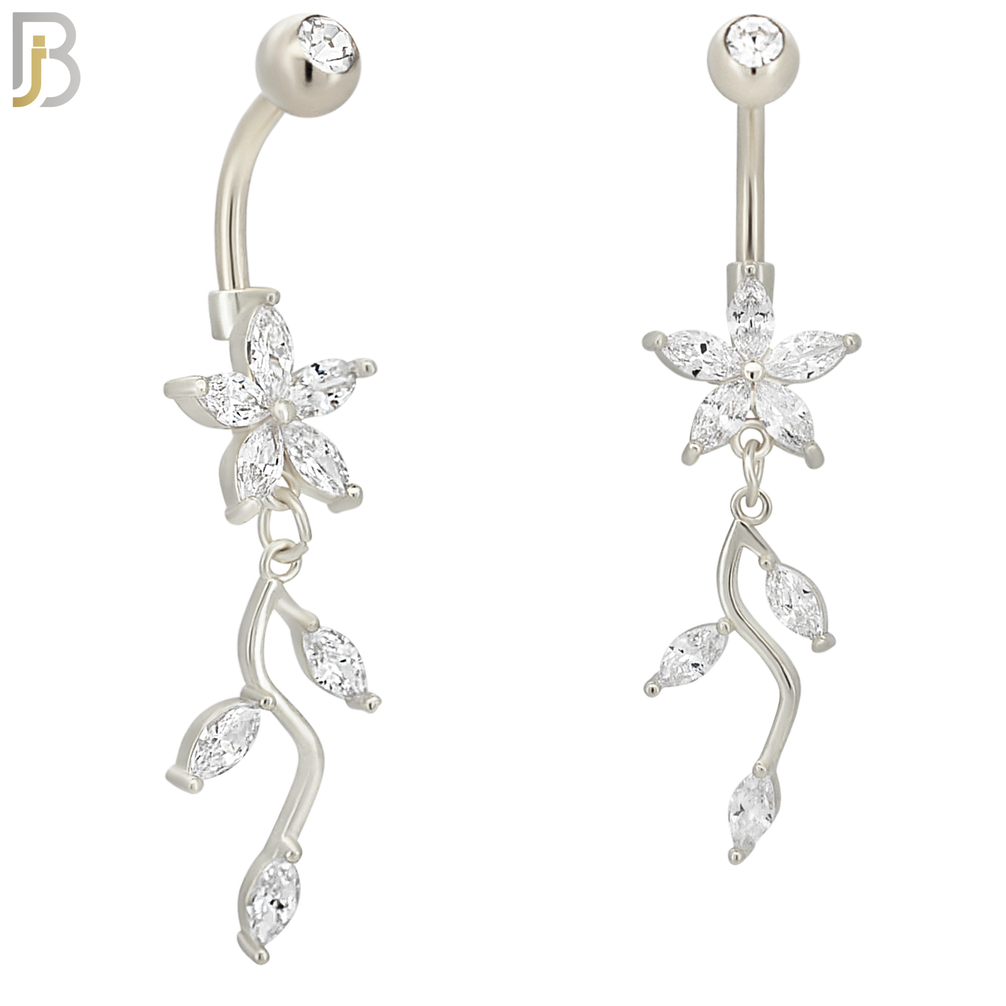N0108  - 316L Stainless Steel Flower with Dangling Vine with Zircon Belly Ring image 1