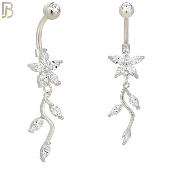 N0108  - 316L Stainless Steel Flower with Dangling Vine with Zircon Belly Ring image 1