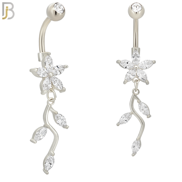 N0108  - 316L Stainless Steel Flower with Dangling Vine with Zircon Belly Ring image 1