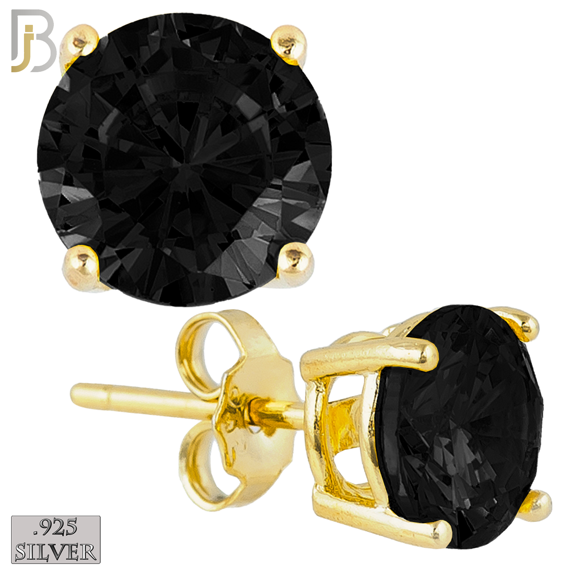 925-ES71-GK - .925 Sterling Silver Gold Plated Earring Stud Casting Round Prong Setting Black Zircon image 0