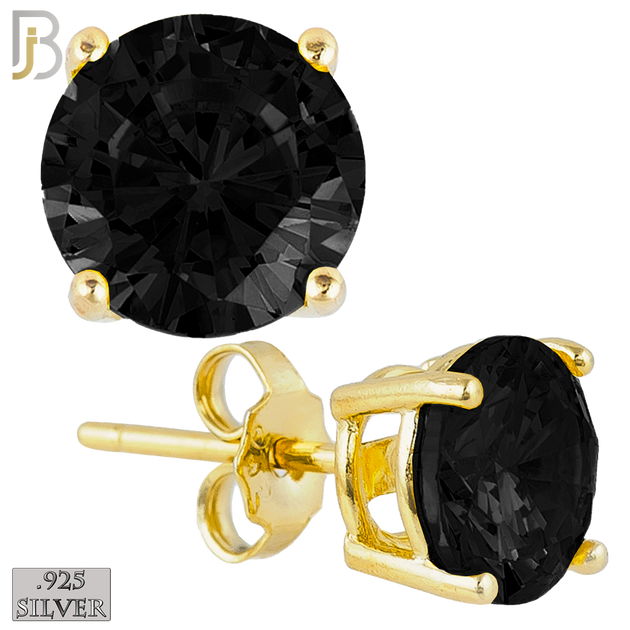 925-ES71-GK - .925 Sterling Silver Gold Plated Earring Stud Casting Round Prong Setting Black Zircon image 0