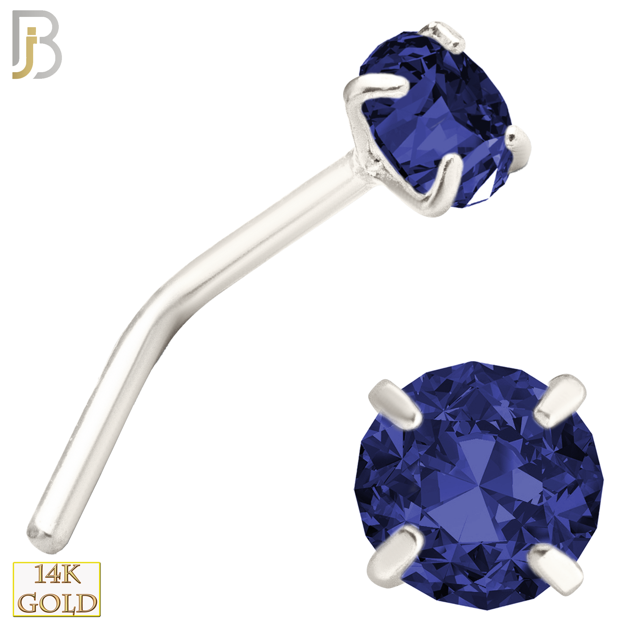 14-NR10CWS - 20g 14k White Gold L-Shaped with Blue Sapphire Colored CZ - 3mm image