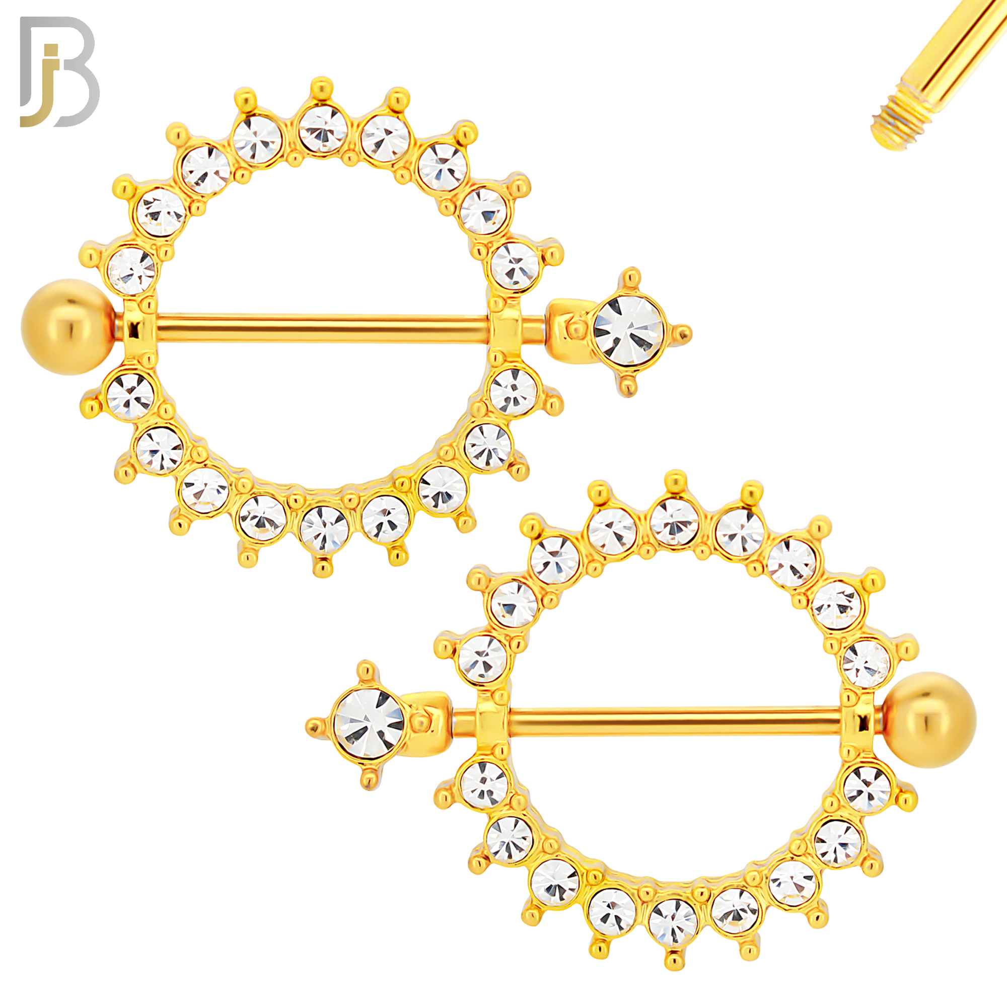 NP39 - 316L Surgical Steel Screw Shield Barbell with Alloy Sun with Bezel CZ Design Pair image 2