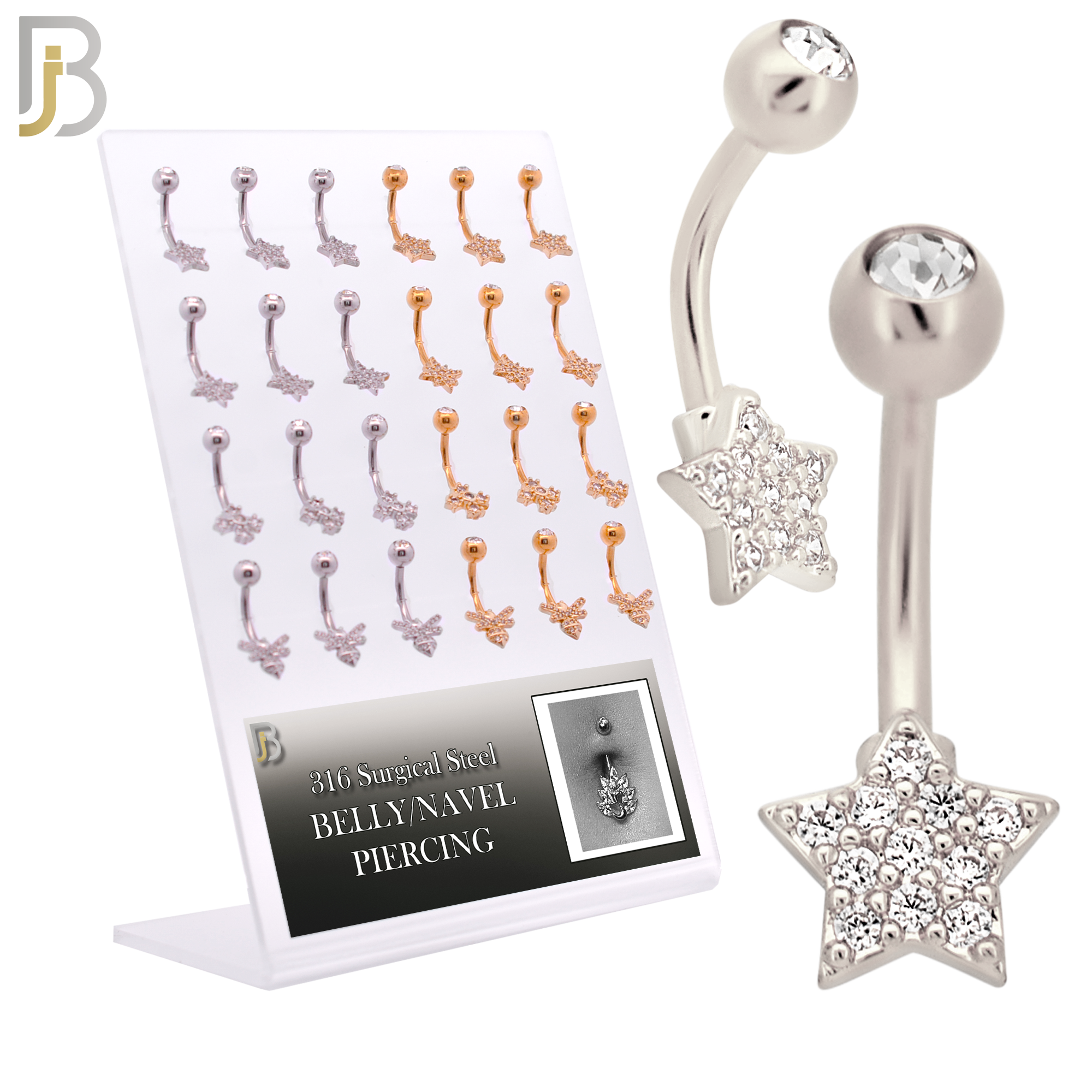 PK-NB18SG - 316L Surgical Steel Four Different Designs Banana Navel/Belly Ring - Pack of 24 image 0