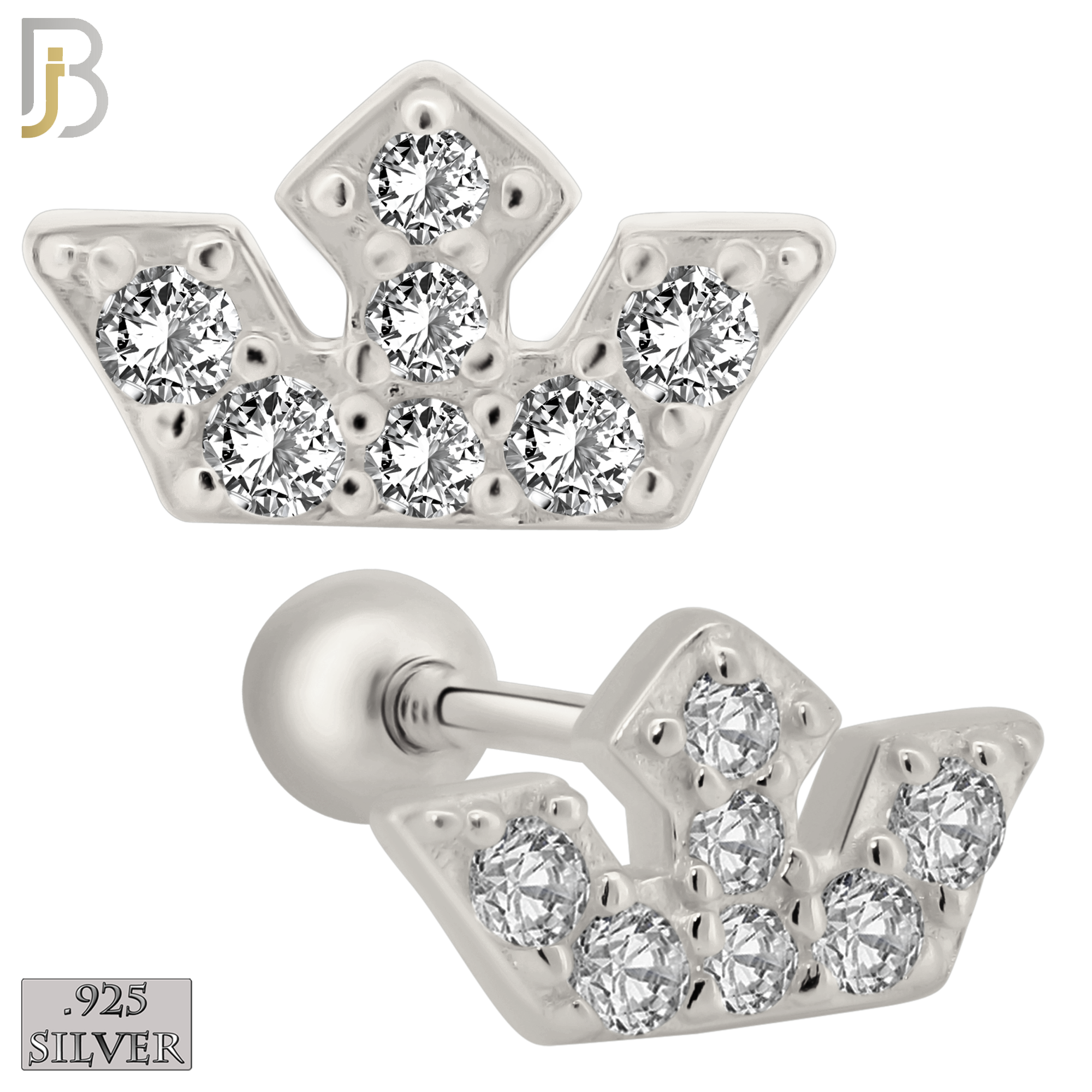 925-ES434 - Screw Ball Back - .925 Sterling Silver Three Point Crown with Multi Zircon Earrings Stud image 0