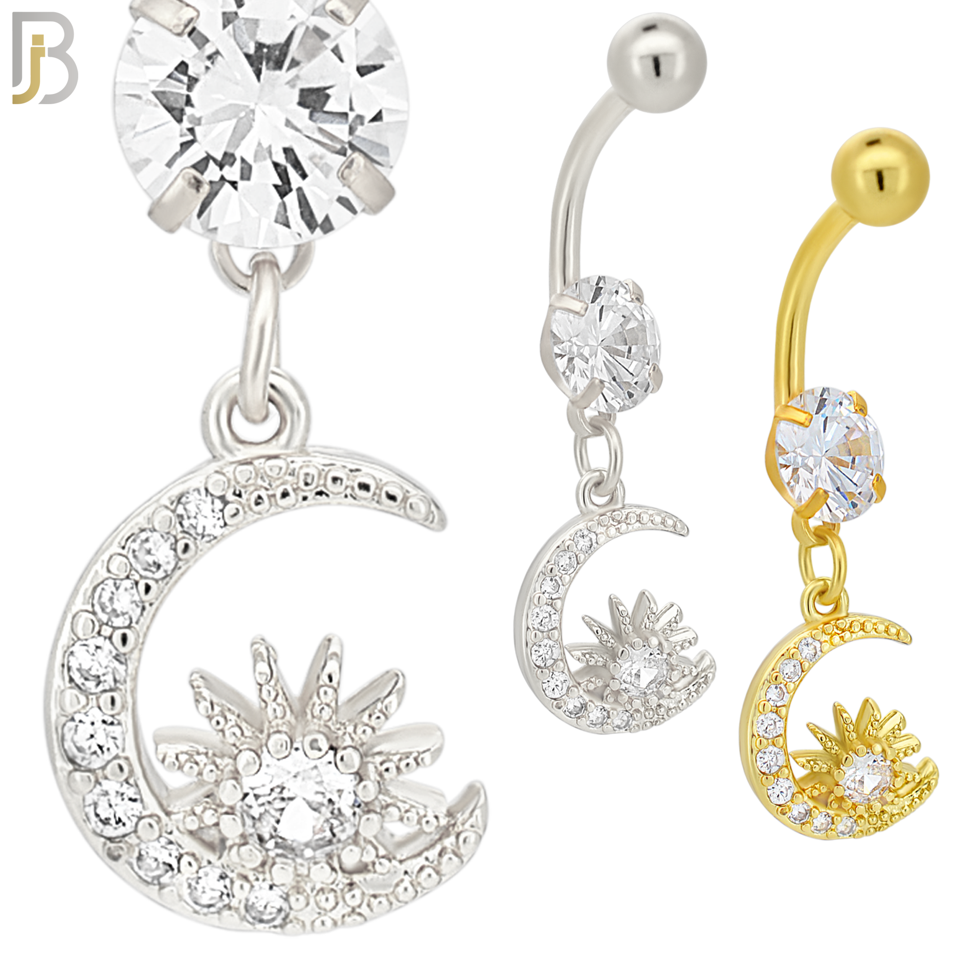 N069 - 316L Stainless Steel Dangling Moon and Sun Zircon Design Belly Ring with 5mm Screw Ball image 0