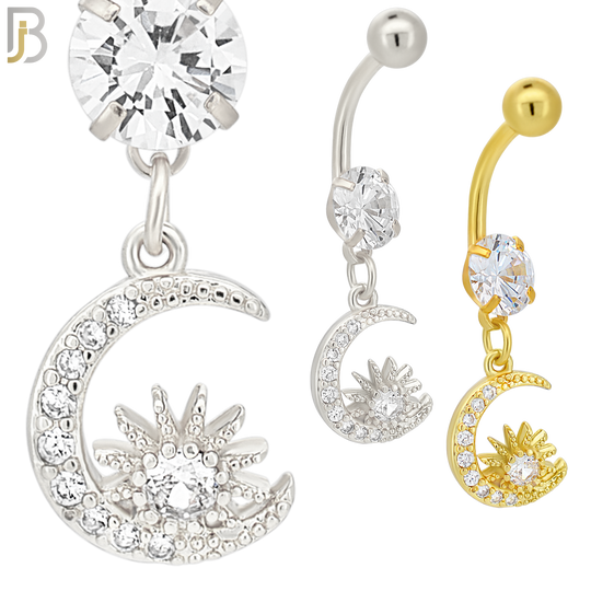 N069 - 316L Stainless Steel Dangling Moon and Sun Zircon Design Belly Ring with 5mm Screw Ball image 0