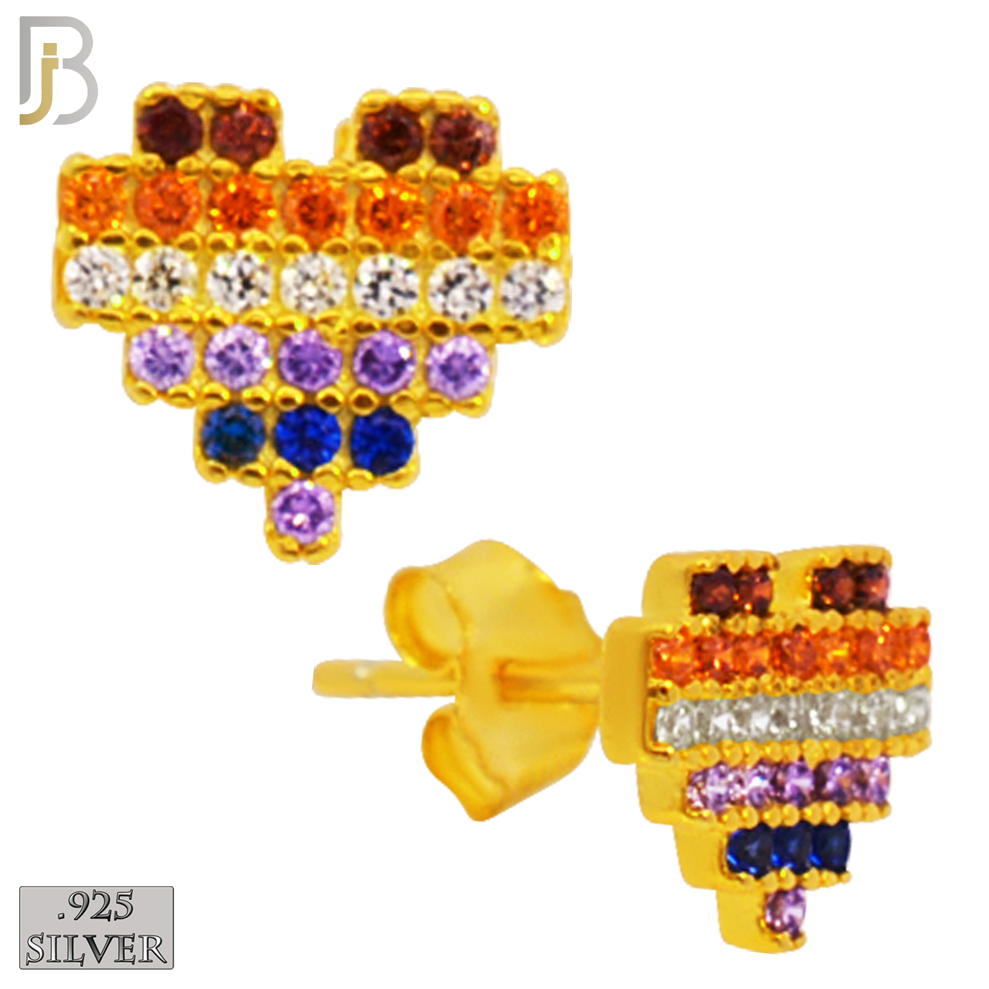 925-ES228S – 925 Sterling Silver Pixelated Heart Design Earring Stud with Multi Colored Zircon image 4