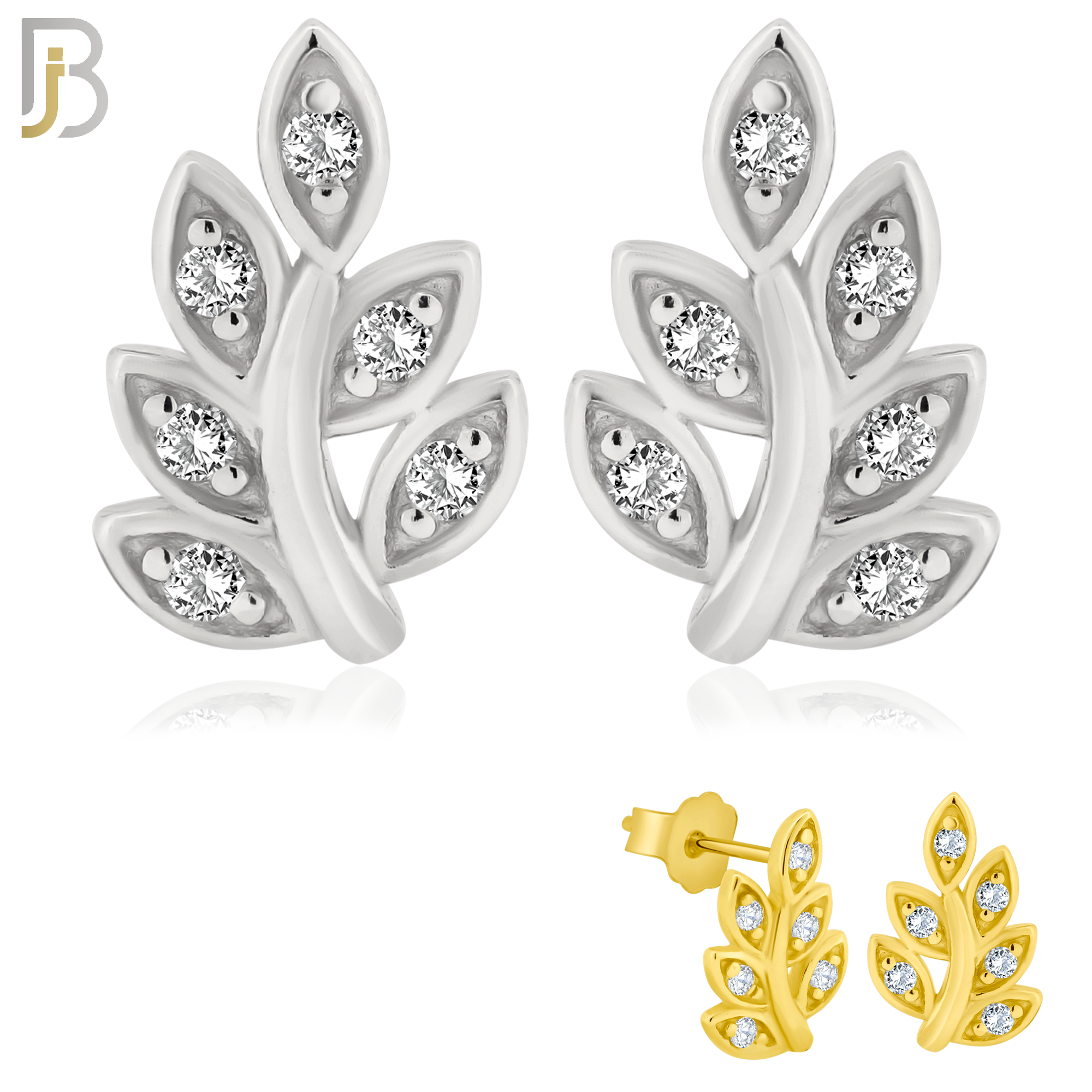925-ES147 - .925 Sterling Silver Leaf Design with Zircon Design Earring Stud image 0