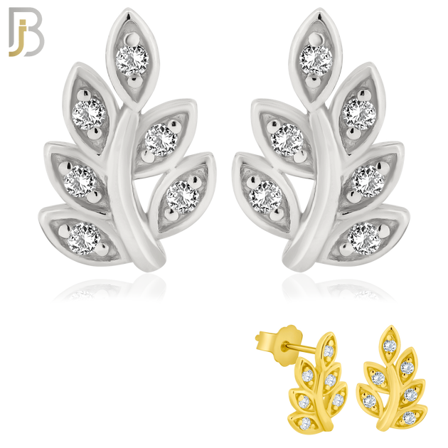 925-ES147 - .925 Sterling Silver Leaf Design with Zircon Design Earring Stud image 0