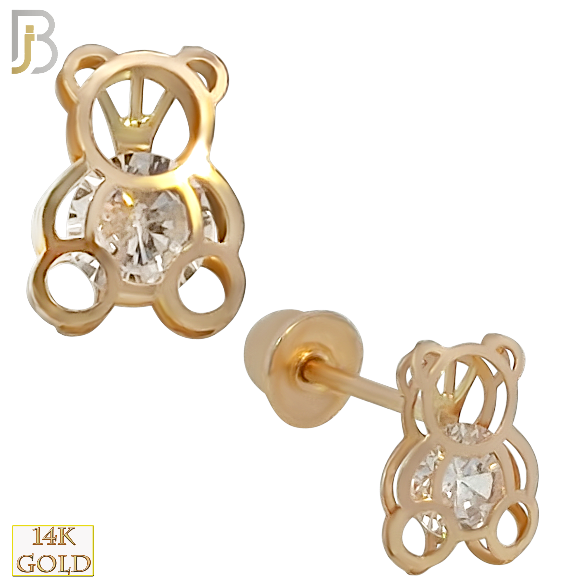 14k Solid Gold Teddy Bear with CZ Center Stud Earrings - Screw Back image 0