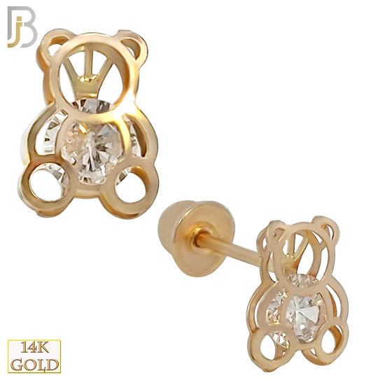 14k Solid Gold Teddy Bear with CZ Center Stud Earrings - Screw Back image 0