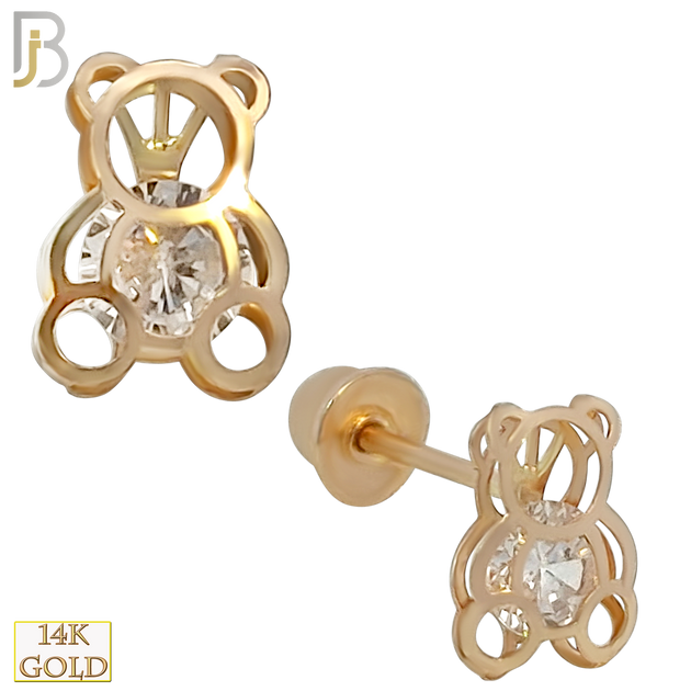 14k Solid Gold Teddy Bear with CZ Center Stud Earrings - Screw Back image 0