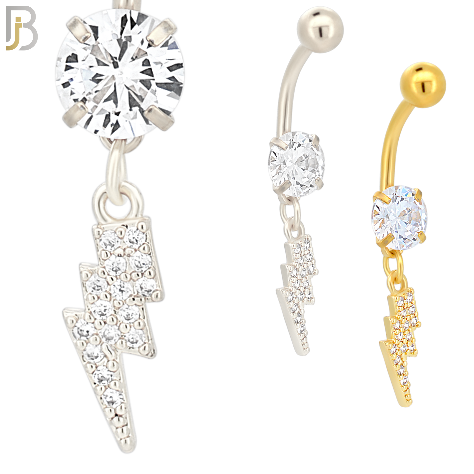 N012 - 316L Stainless Steel Dangling Lightning Bolt with Multi CZ Belly Ring image 0