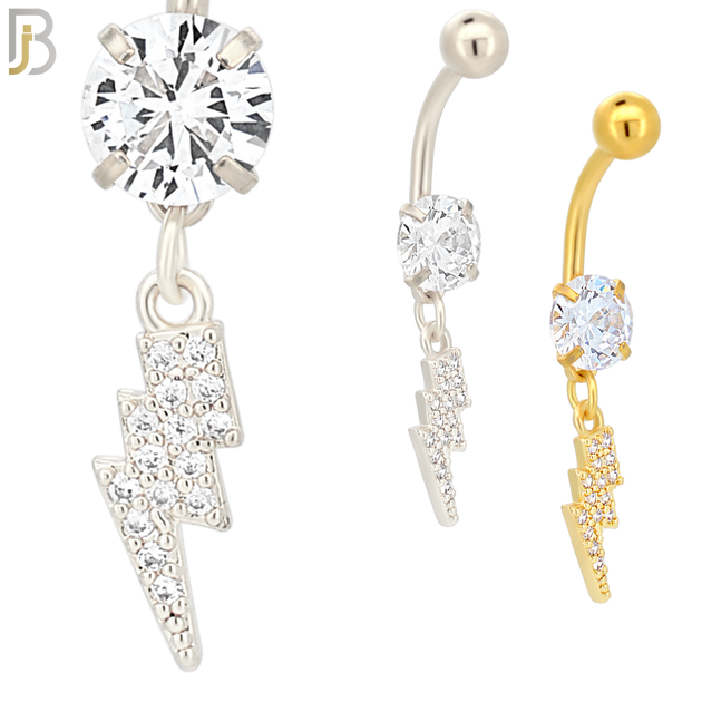 N012 - 316L Stainless Steel Dangling Lightning Bolt with Multi CZ Belly Ring image 0