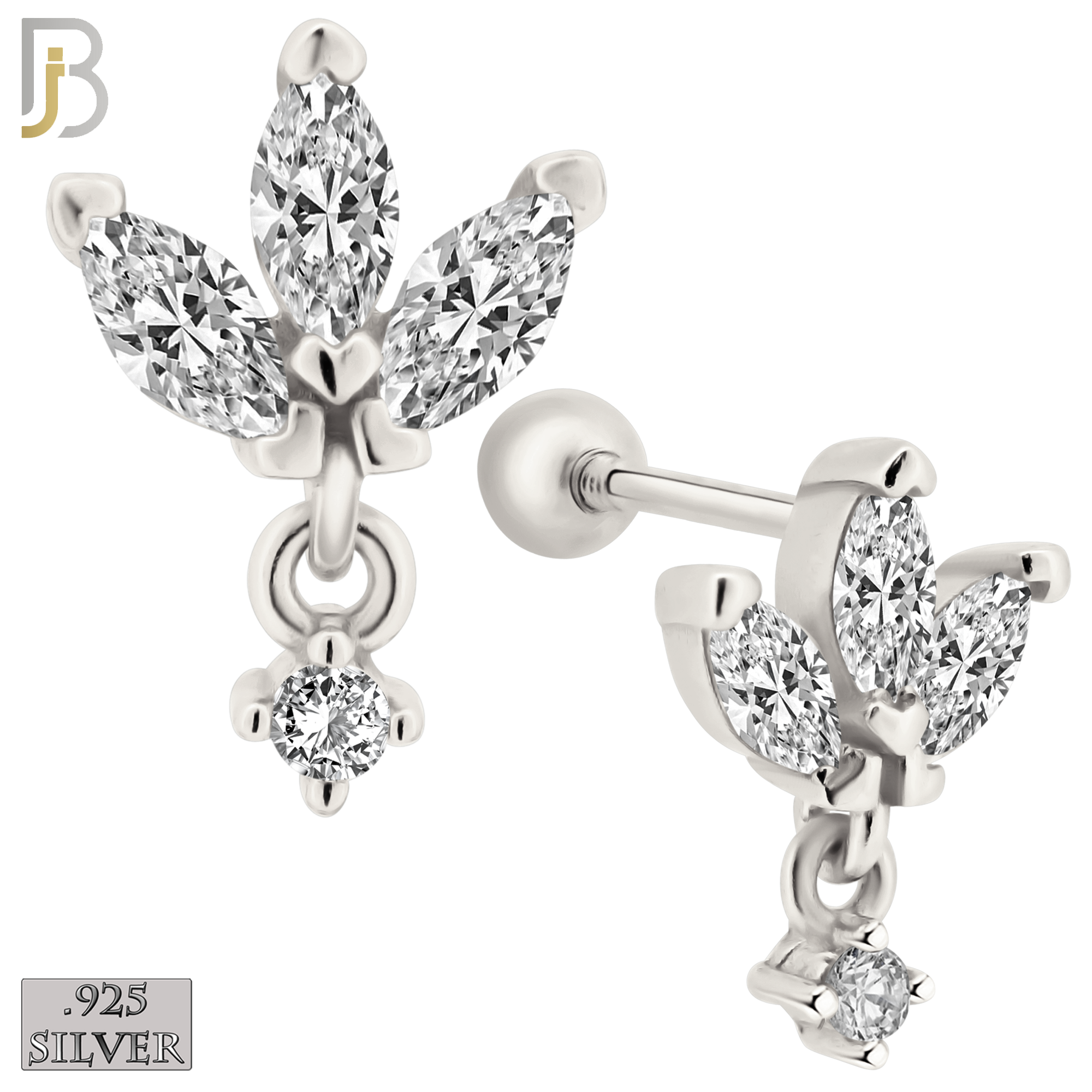 925-ES422 - Screw Ball Back - 925 Sterling Silver Three Leaf Stud Earrings with Dangling Zircon image 0