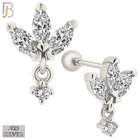 925-ES422 - Screw Ball Back - 925 Sterling Silver Three Leaf Stud Earrings with Dangling Zircon image 0