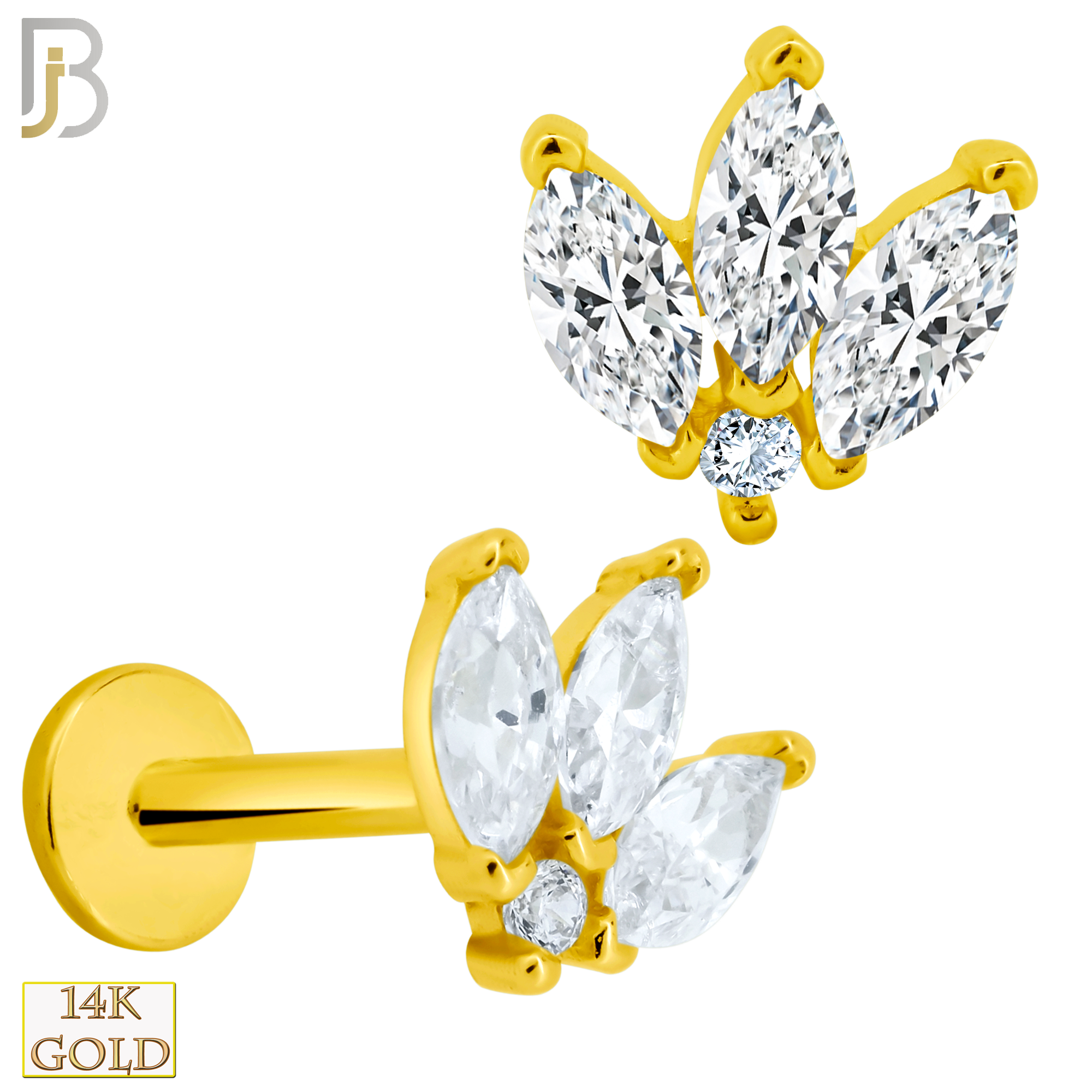 14-LB63 - 14k Yellow Gold Three Clear Marquise Leaf Labret image 0