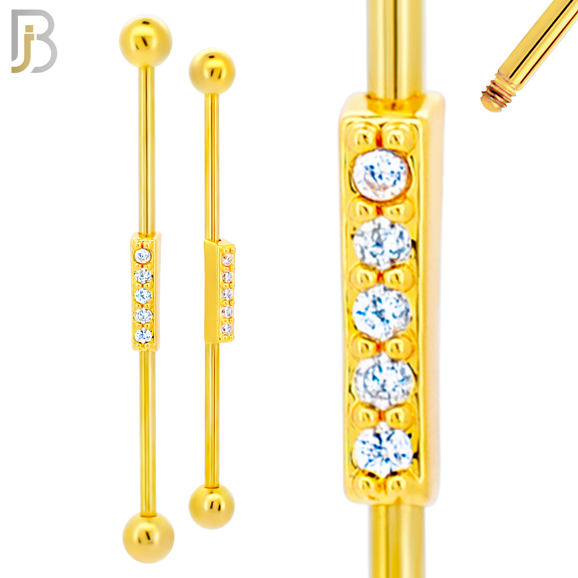 BB33 - 316L Surgical Steel Screw Bar with Brass Rectangle 5 CZ Design Barbell Industrial (PACK OF 4) image 2