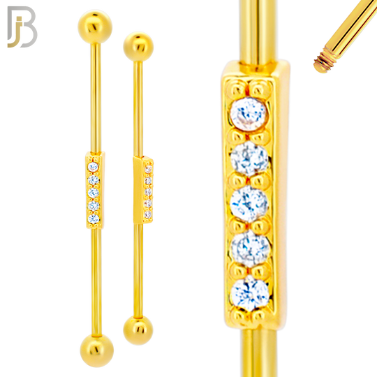BB33 - 316L Surgical Steel Screw Bar with Brass Rectangle 5 CZ Design Barbell Industrial (PACK OF 4) image 2