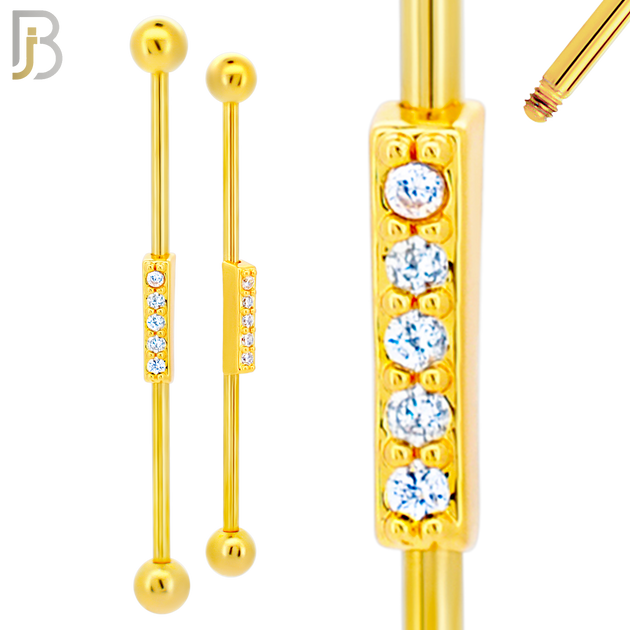 BB33 - 316L Surgical Steel Screw Bar with Brass Rectangle 5 CZ Design Barbell Industrial (PACK OF 4) image 2
