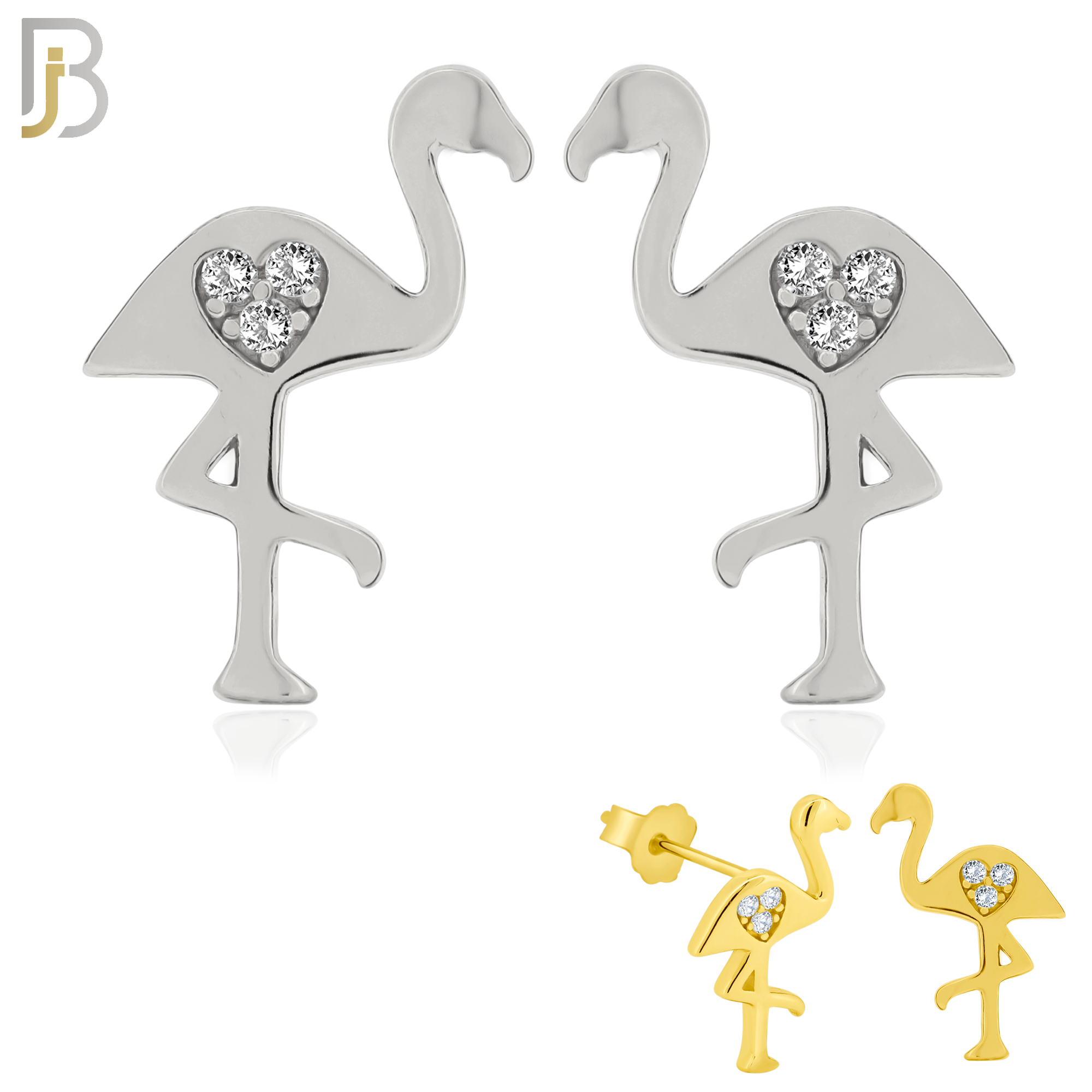 925-ES153 - .925 Sterling Silver Flamingo with Carved Heart Design with Zircon Design Earring Stud image 0