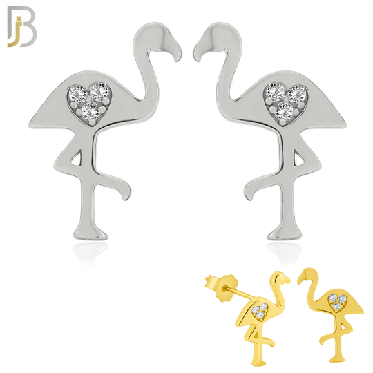 925-ES153 - .925 Sterling Silver Flamingo with Carved Heart Design with Zircon Design Earring Stud image 0