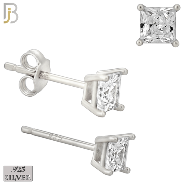 925-ES72-SC - .925 Sterling Silver Rhodium Plated Earring Stud Casting Square Princess Cut Prong Setting Clear Zircon image 3