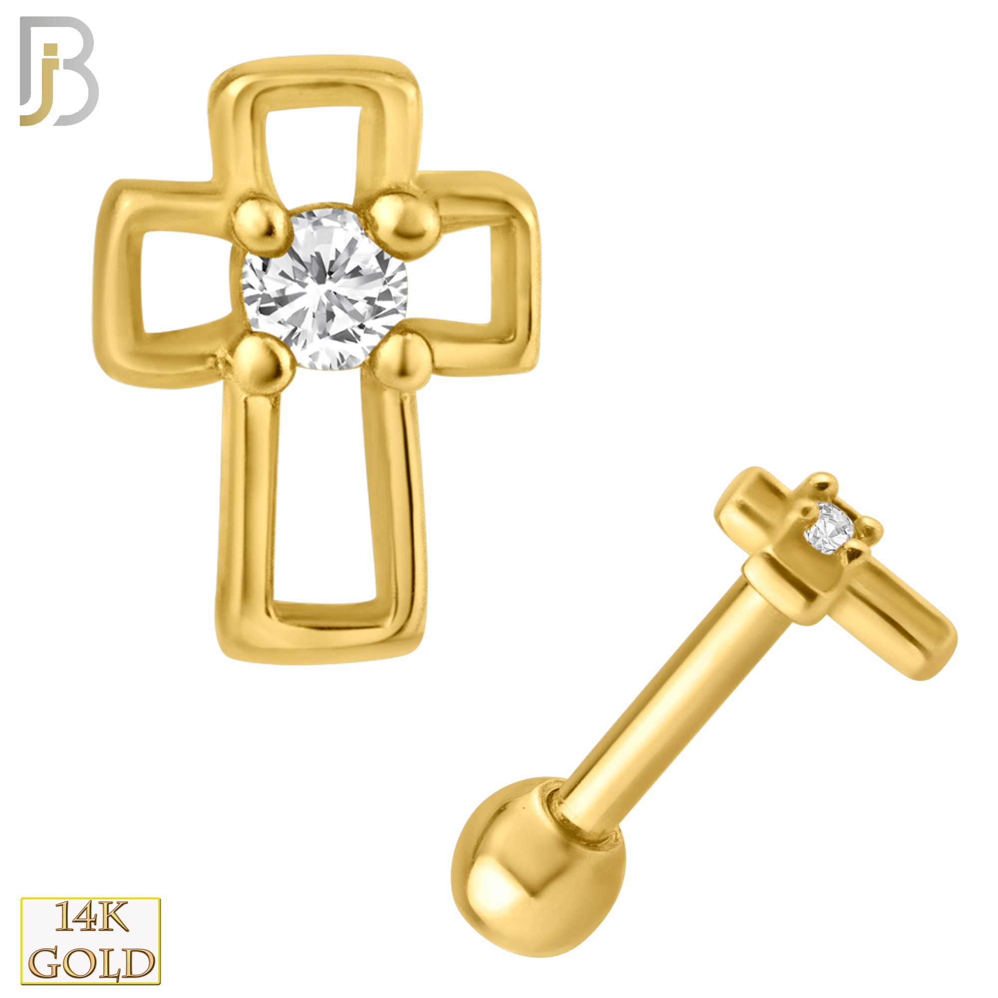 14-TB34 - 14k Solid Gold Hollow Cross with Single CZ Tragus Barbell Cartilage Piercing Screw Ball image 0
