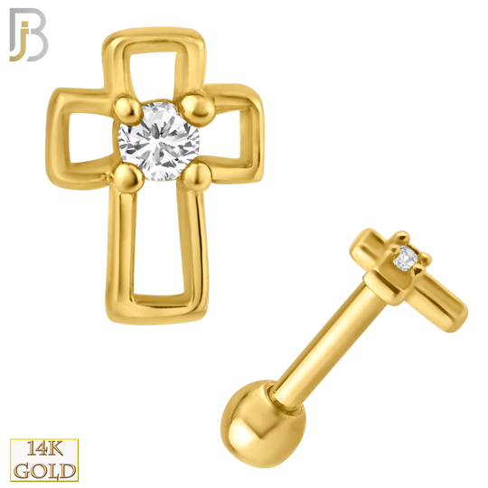 14-TB34 - 14k Solid Gold Hollow Cross with Single CZ Tragus Barbell Cartilage Piercing Screw Ball image 0