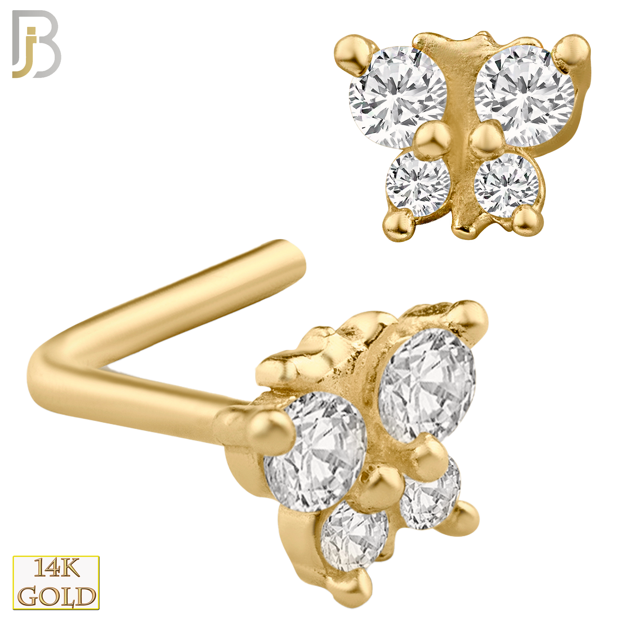 14-NR34L- 14k Solid Gold Butterfly Design with CZ L Shaped Nose Ring - Yellow Gold image