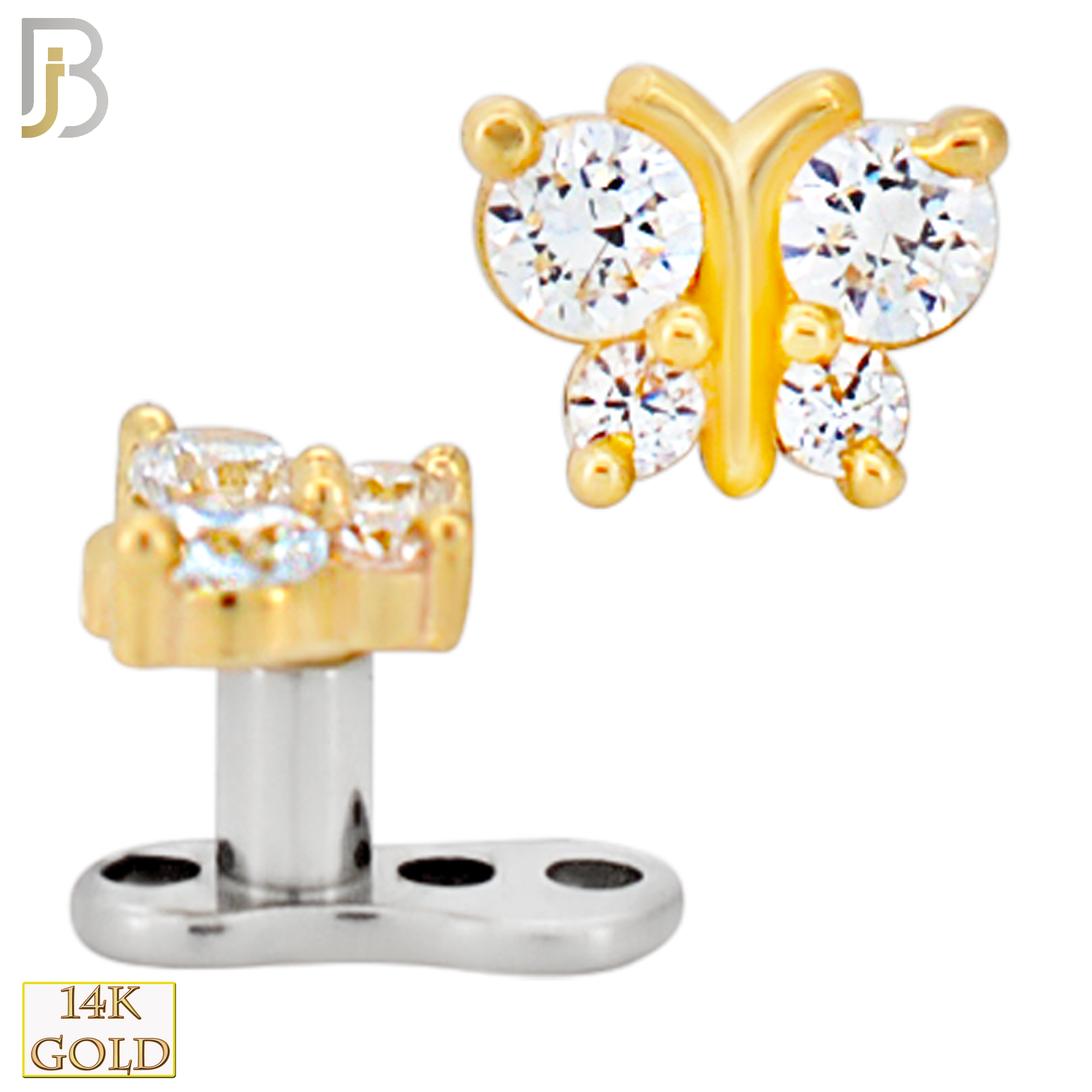 14-G23-DM14 - 14k Titanium Anchor and 14k Gold Top Butterfly with Cubic Zirconia Dermal - Internally Threaded image 0