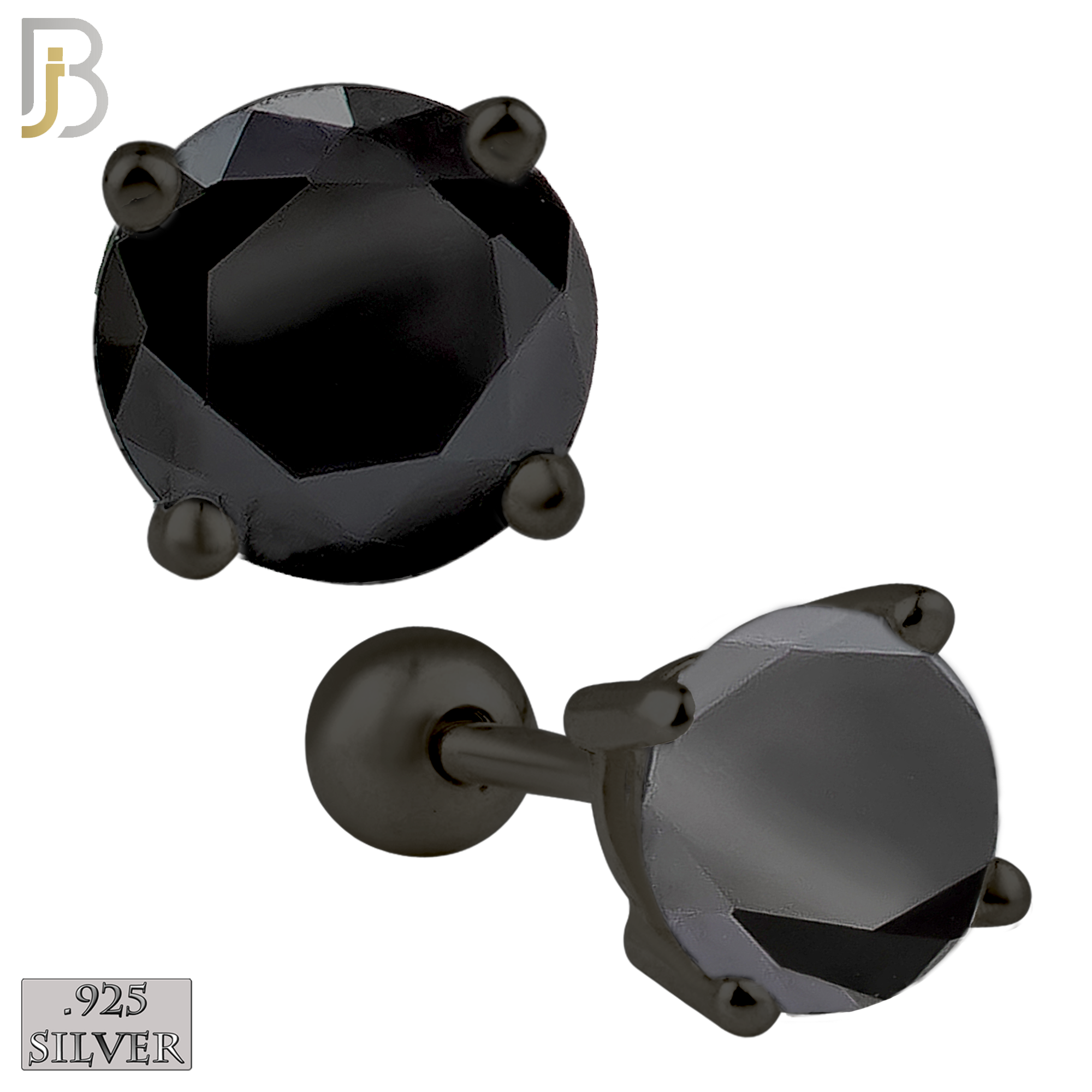 925-ES311-KK - .925 Sterling Silver Black Plated Screw Ball Back Stud Earrings Casting Prong Setting with Round Black Zircon image 1