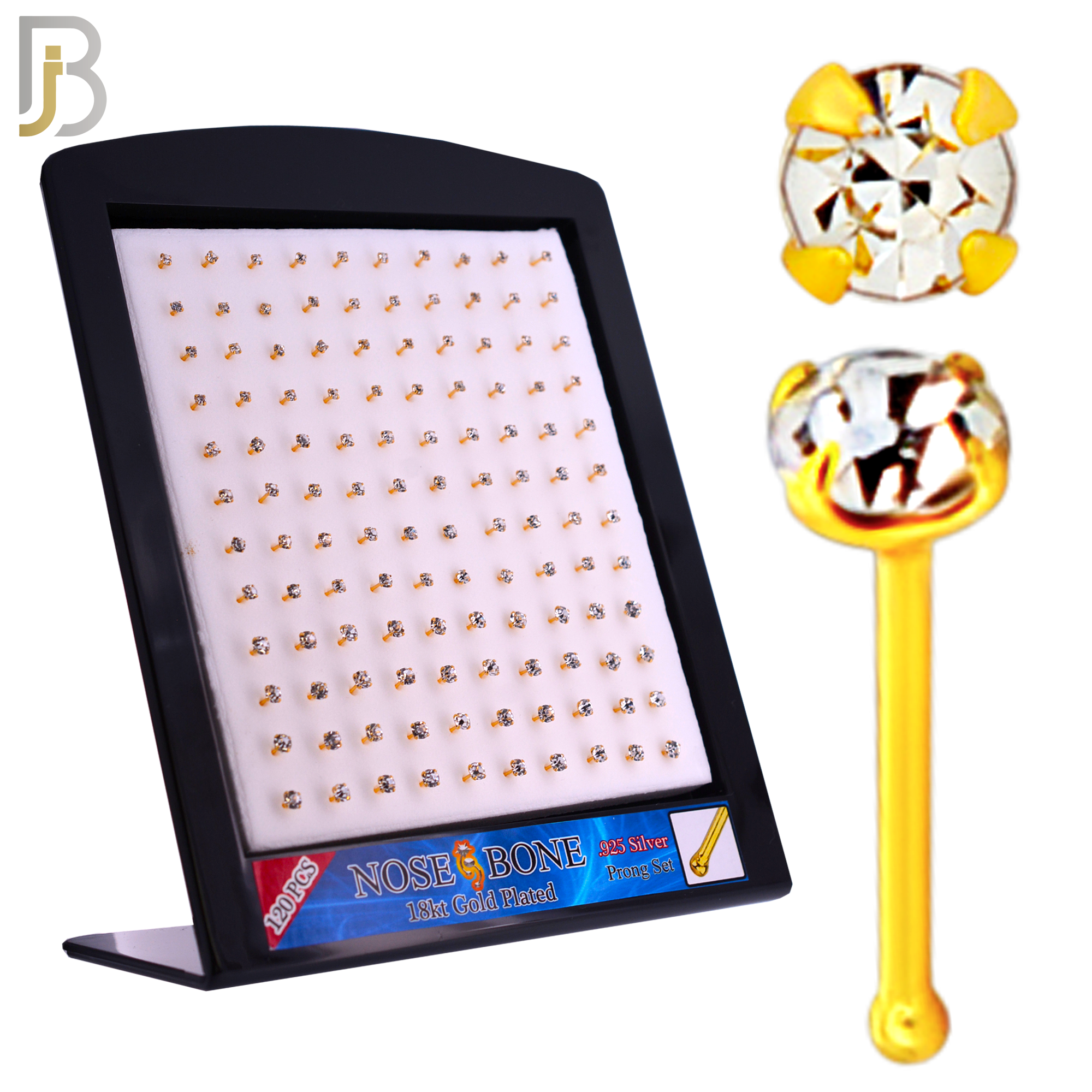 925-PK-NR01Y-3C2 - Mixed of 2mm, 2.5mm, 3mm 22g Thickness 18KT Gold Plated  925 Sterling Silver Nose Bones, Prong Set Packages Pack of 120 image 0