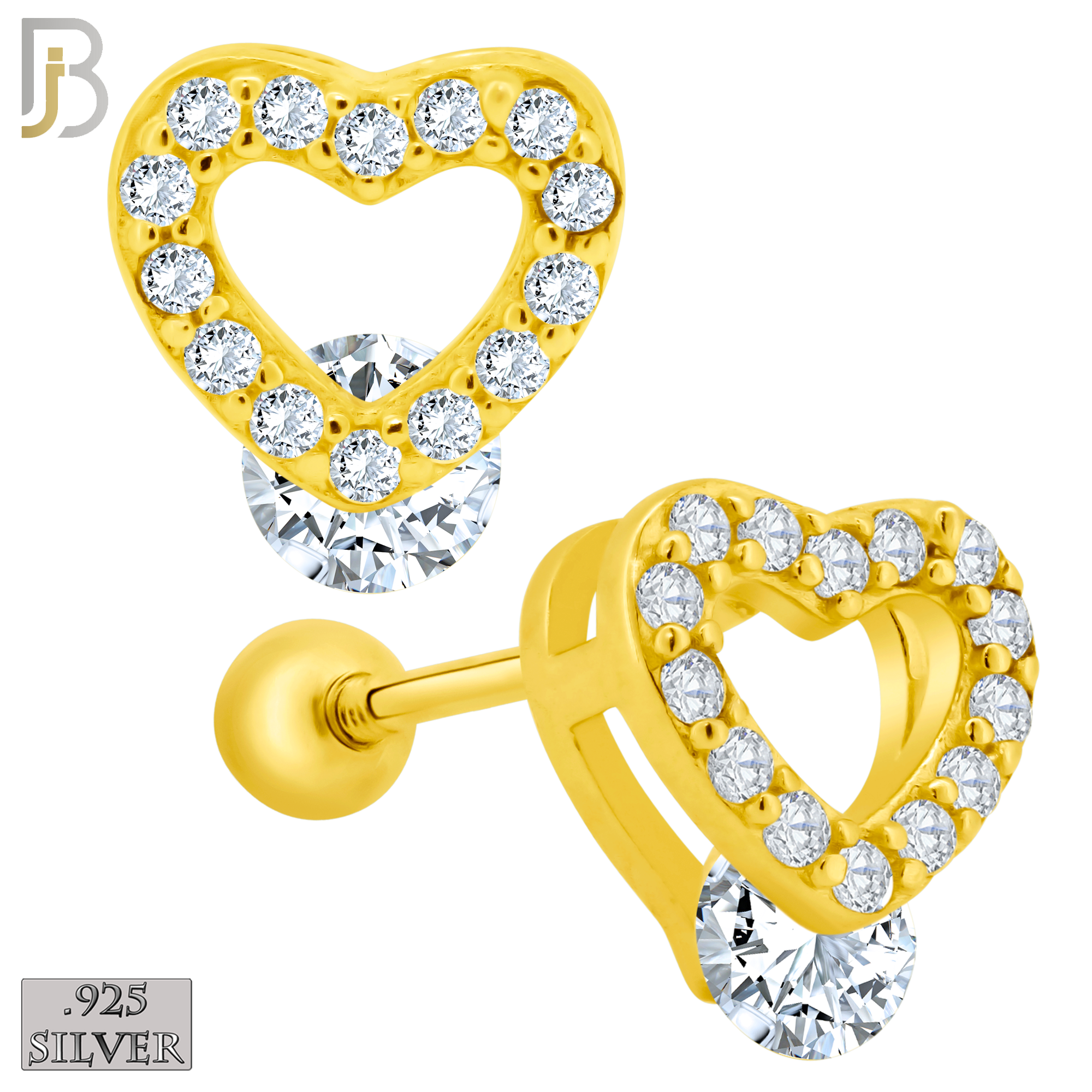 925-ES206 - Screw Ball Back - .925 Sterling Silver Heart Design Earring Stud with Clear Zircon image 2