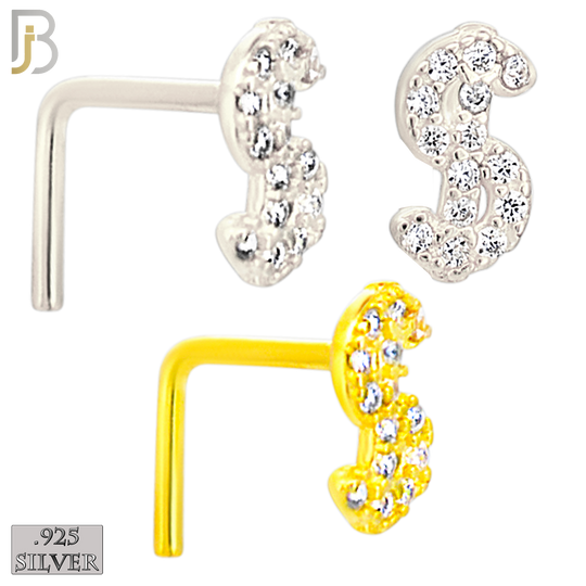 925-NR109LGSC- 925 Sterling Silver Dollar Sign L Shape Nose Ring (Pack of 6) - Rhodium Plated and Yellow Gold Plated image