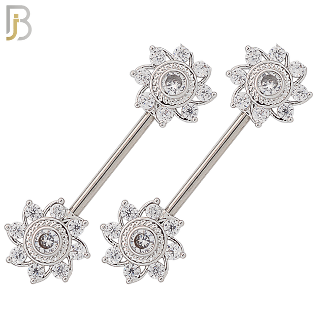 NP51 - 316L Surgical Steel Flower Design with Multi Zircon Nipple Rings Pair image 0