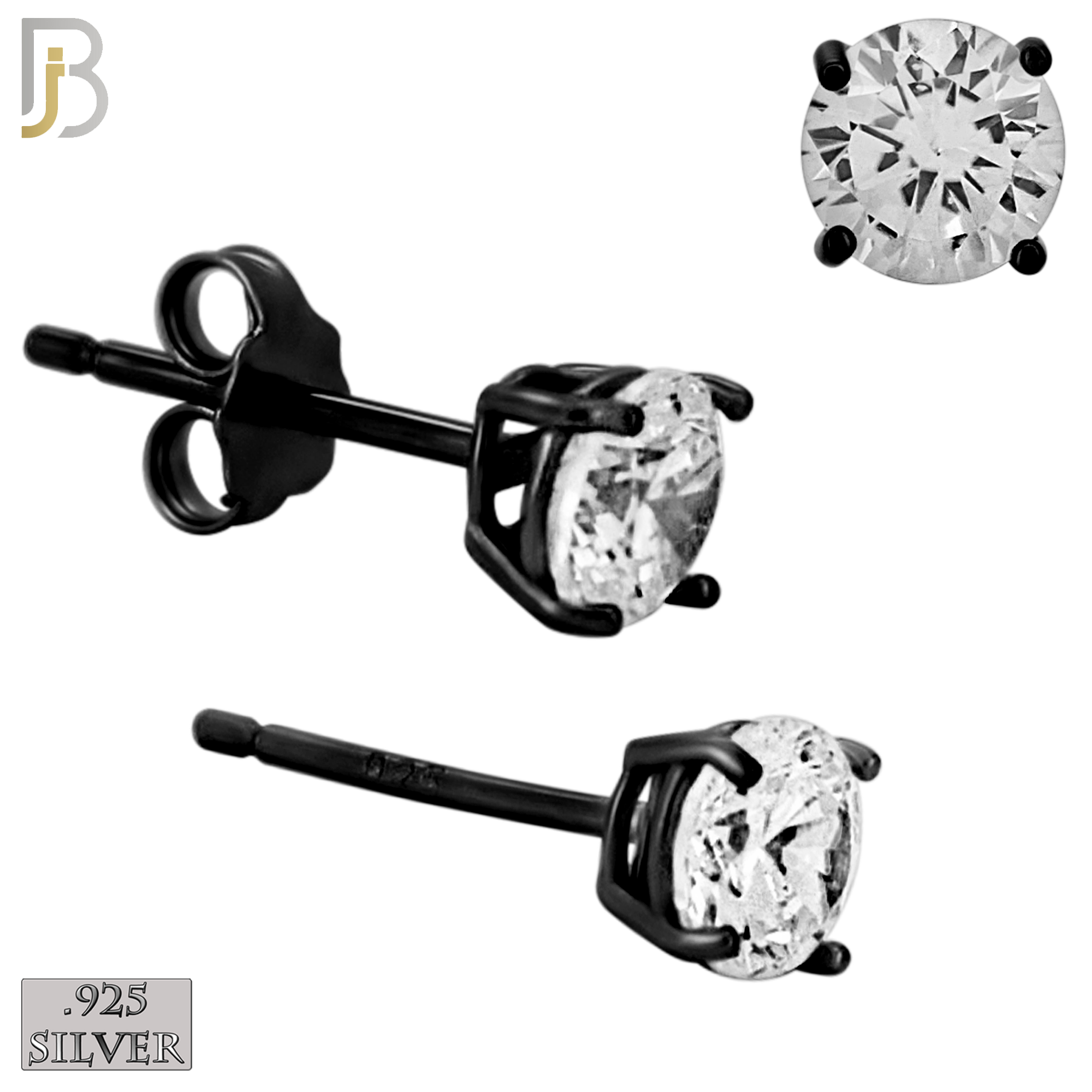 925-ES71-KC - .925 Sterling Silver Black Plated Earring Stud Casting Round Prong Setting Clear Zircon image 4