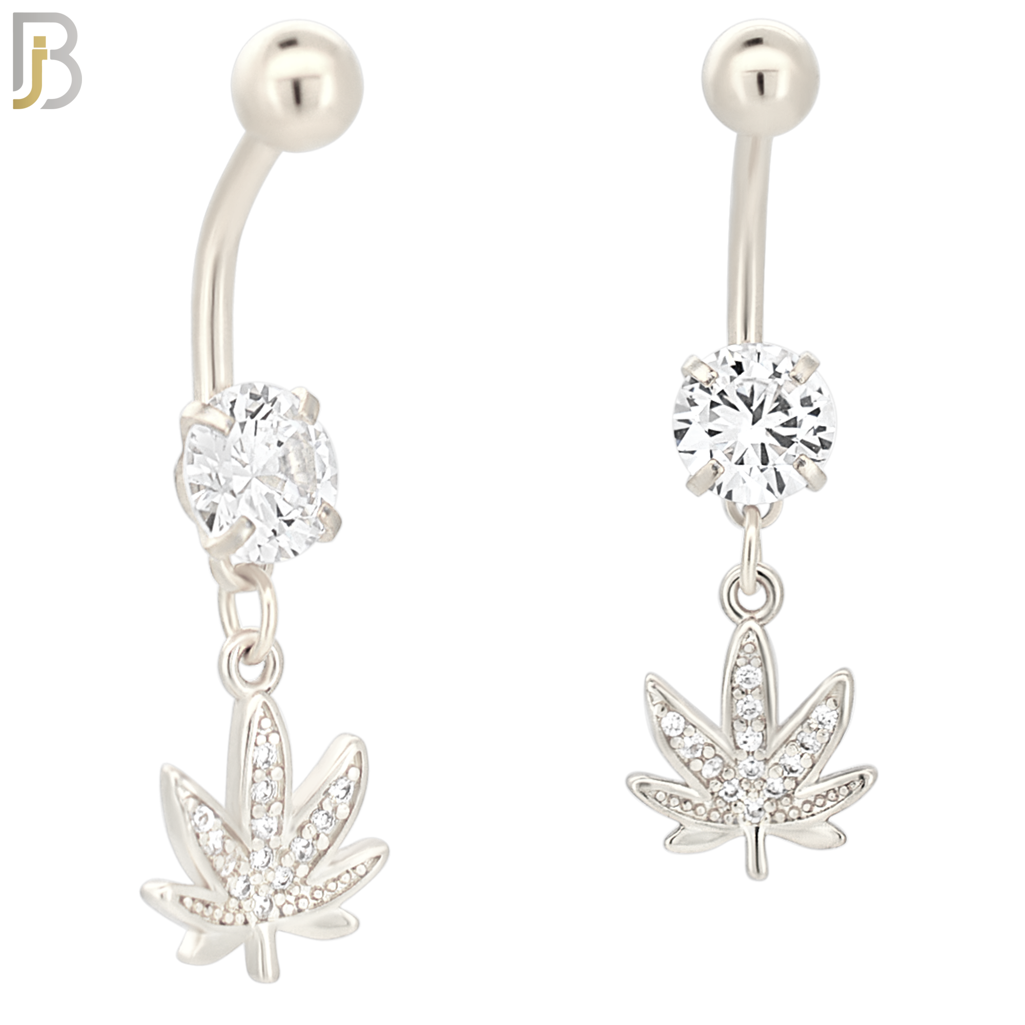 N045 - 316L Stainless Steel Dangling Marijuana Leaf with Zircon Design Belly Ring with 5mm Screw Ball image 1