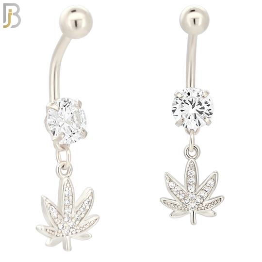 N045 - 316L Stainless Steel Dangling Marijuana Leaf with Zircon Design Belly Ring with 5mm Screw Ball image 1