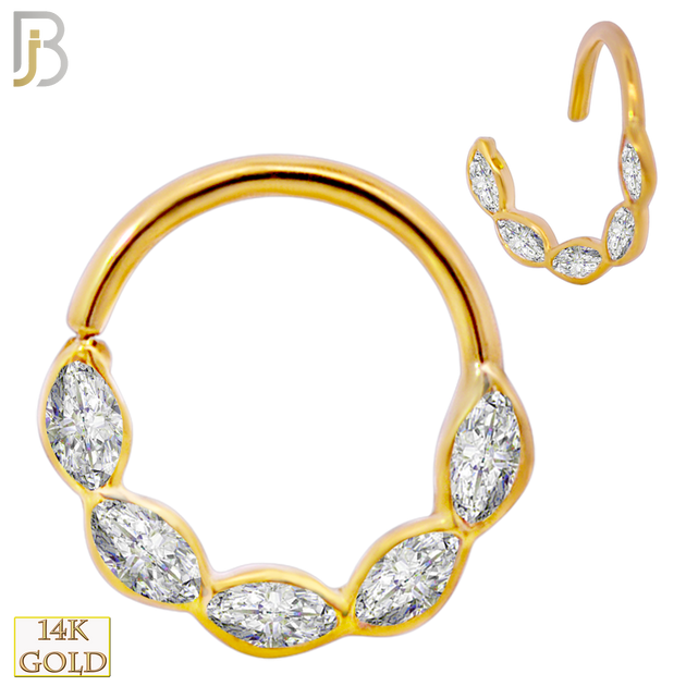 14-TH59 - 14k Yellow Gold 18g Thickness Twist to Open Hoops with 5 Marquise CZ in Bezel Setting image 0