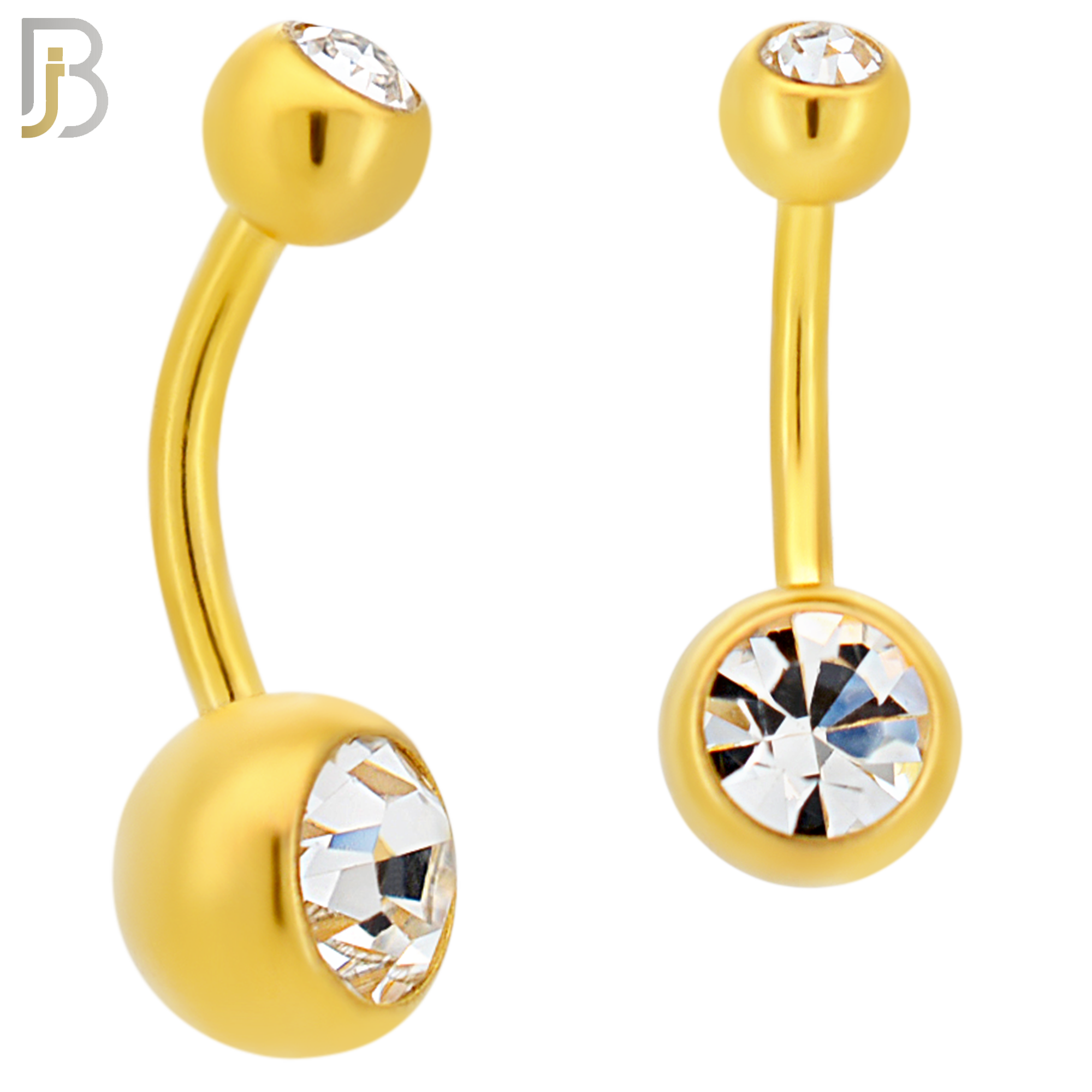 NB01GC - 316L Stainless Steel Gold Plated Double Gem Bezel Set Clear Zircon Plain Banana Belly Navel Ring (PACK OF 6) image 0