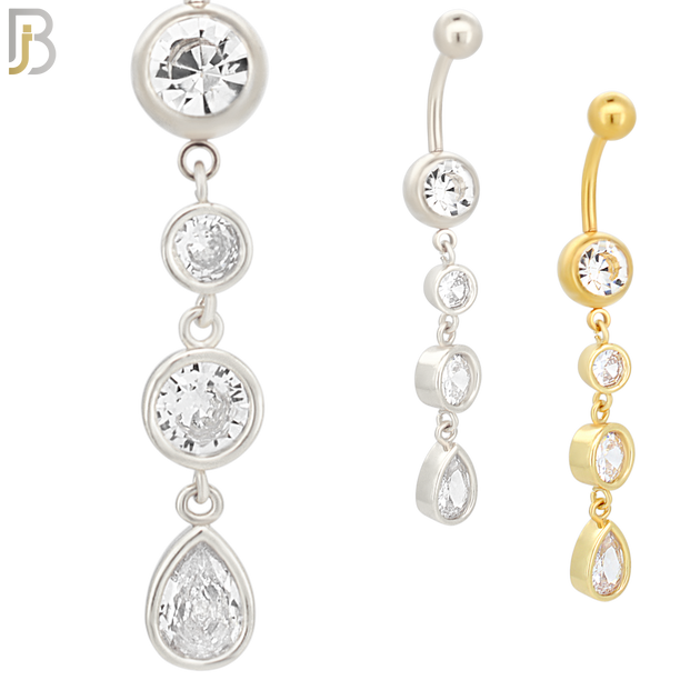 N061 - 316L Stainless Steel Dangling Bezel Round and Teardrop Design Belly Ring with 5mm Screw Ball Top image 0