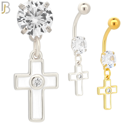 N015 - Belly Ring Jewelry 316L Stainless Steel Dangling Cross with Bezel Zircon Design with 5mm Screw Ball image 0