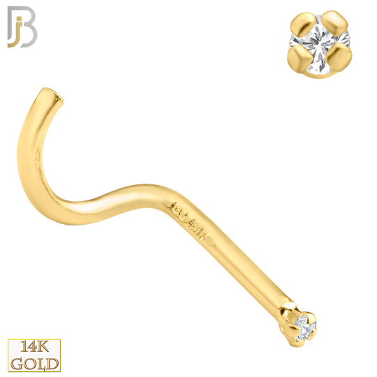 14-NR03CY-20 - 20g Thickness 14k Solid Yellow Gold Prong Setting  Round Cubic Zircona Nose Screw, Cork Screw image 1